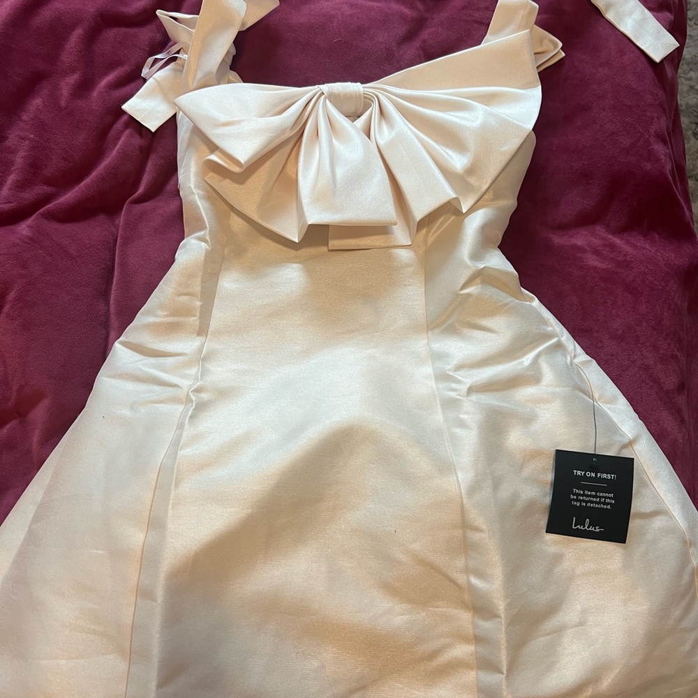 Glamorous Luxury Champagne Taffeta Bow Lace Up Mini Dress - Picture 5 of 5